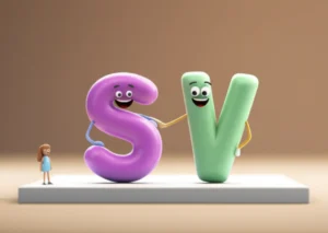 A-cute-3D-image-of-stylized-S-and-V-characters-representing-Subject-and-Verb,-linked-by-an-agreement-symbol-on-a-grammar-platform,-with-a-third-person-singular-pronoun-character-in-the-background.