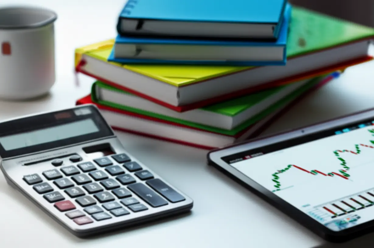 A-stack-of-accounting-textbooks,-a-calculator,-and-a-tablet-on-a-desk,-representing-the-necessary-materials-for-study.