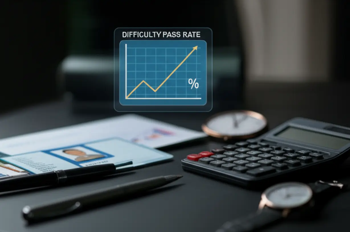 A-desk-with-an-ID,-calculator,-pen,-and-watch-for-an-accounting-exam,-with-a-digital-display-showing-exam-difficulty.