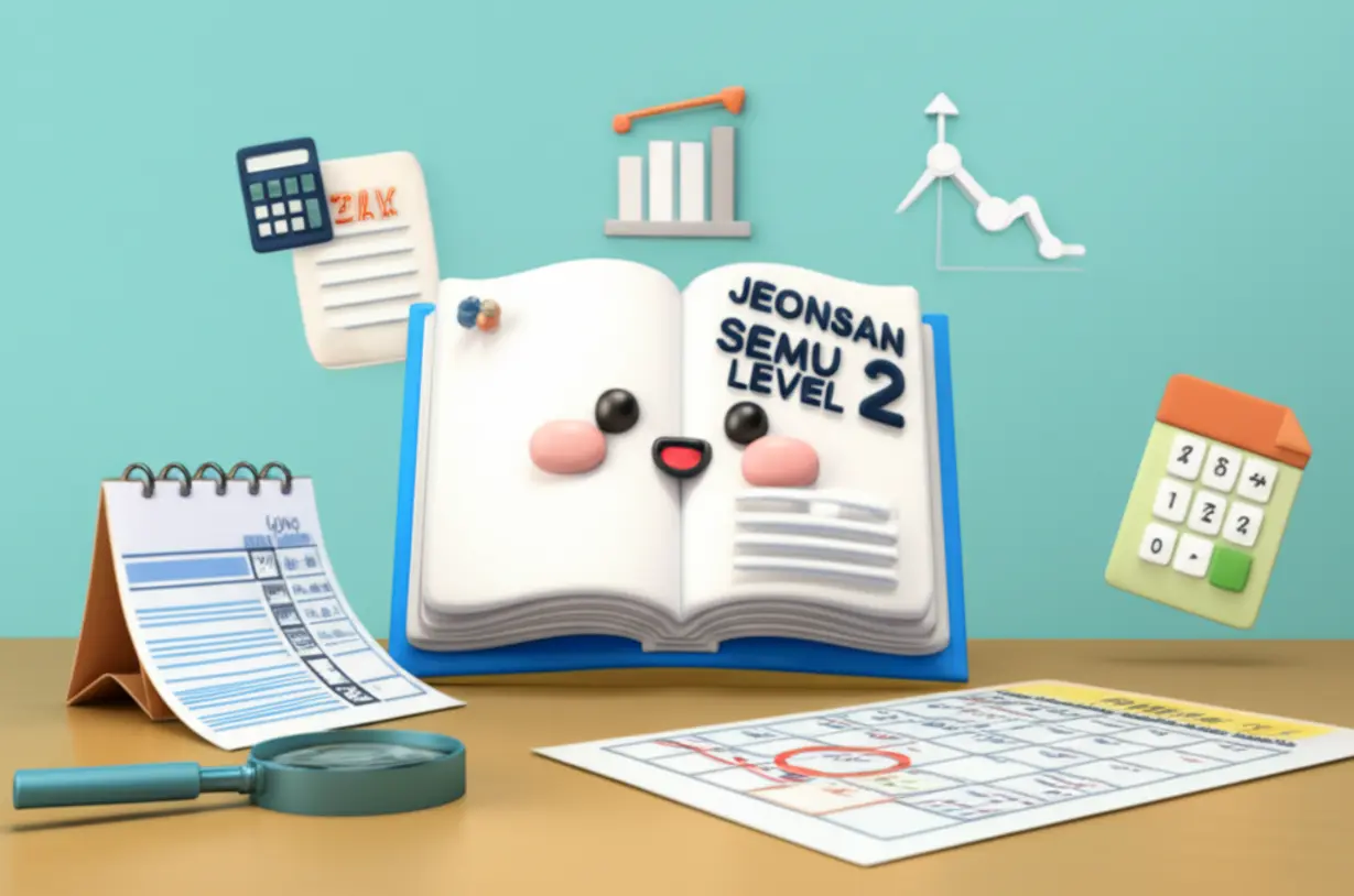 A-3D-illustration-showing-an-open-exam-book,-a-circled-calendar-date,-and-icons-representing-accounting-and-tax,-symbolizing-the-overview-and-preparation-for-the-Jeonsan-Semu-Level-2-exam.