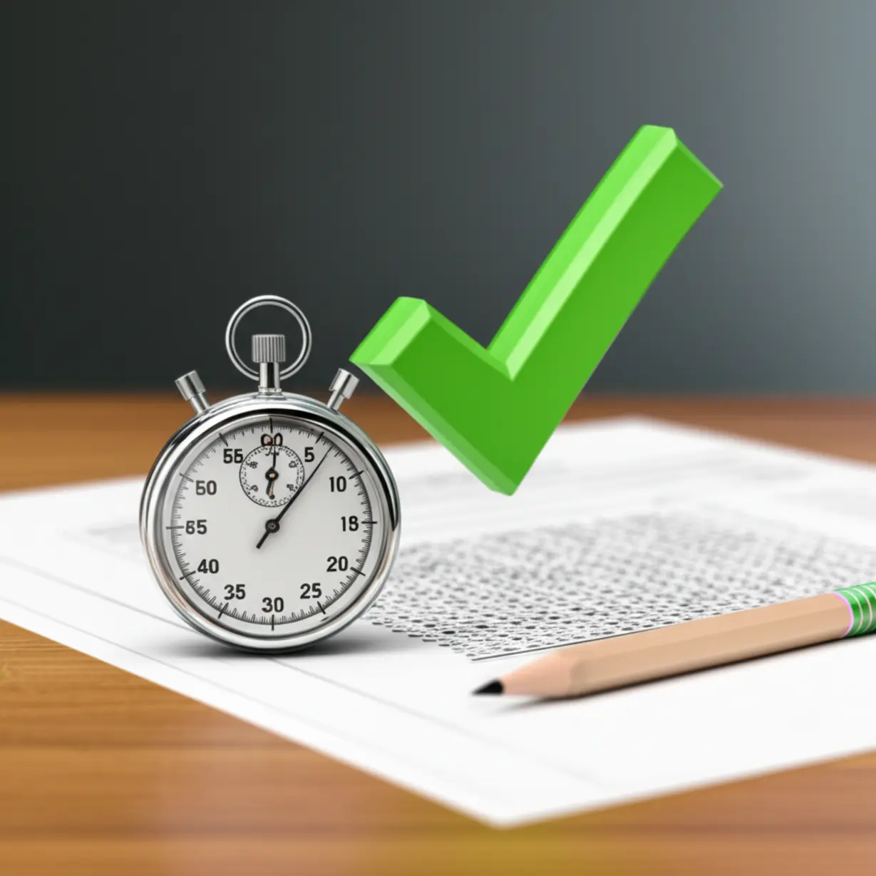 A-stopwatch,-an-exam-paper,-and-a-pencil-on-a-desk-with-a-green-checkmark,-symbolizing-effective-exam-preparation-and-successful-outcome.