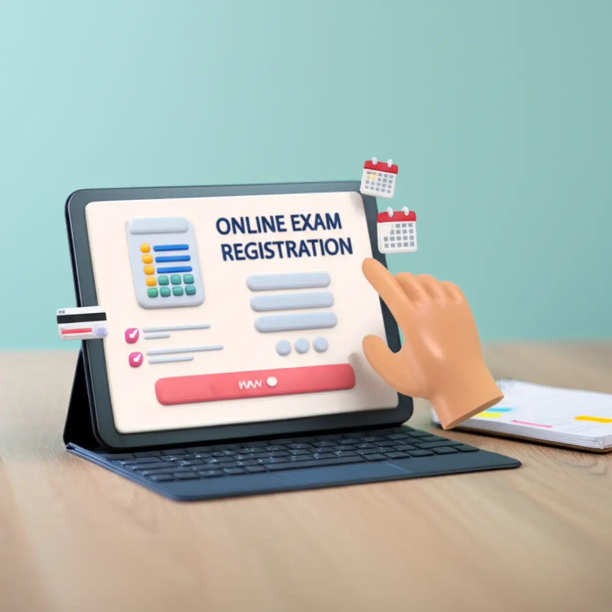 A-3D-illustration-of-a-hand-using-a-tablet-to-register-for-an-exam-online,-with-a-calendar-and-credit-card-icon.-A-textbook-and-notes-are-next-to-the-tablet,-symbolizing-study-preparation.
