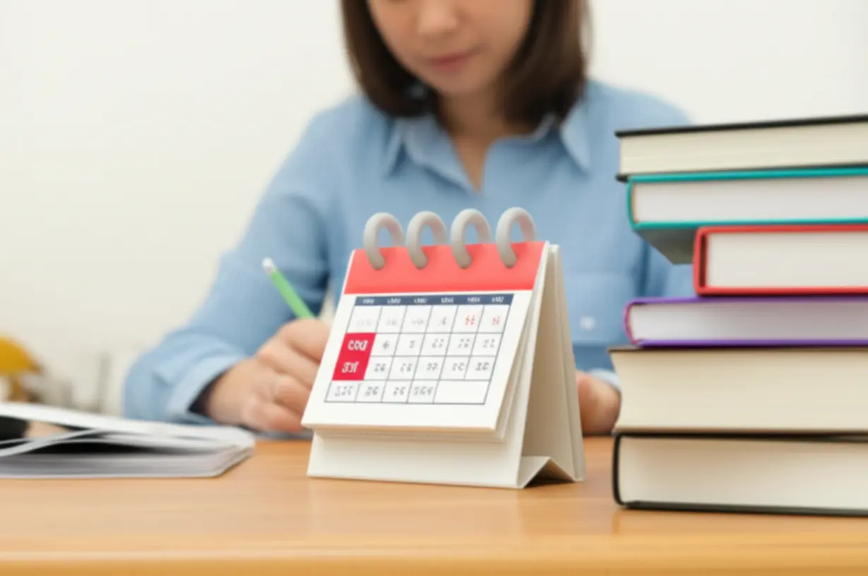 A-study-desk-with-a-calendar-showing-exam-dates-and-textbooks-for-various-subjects.