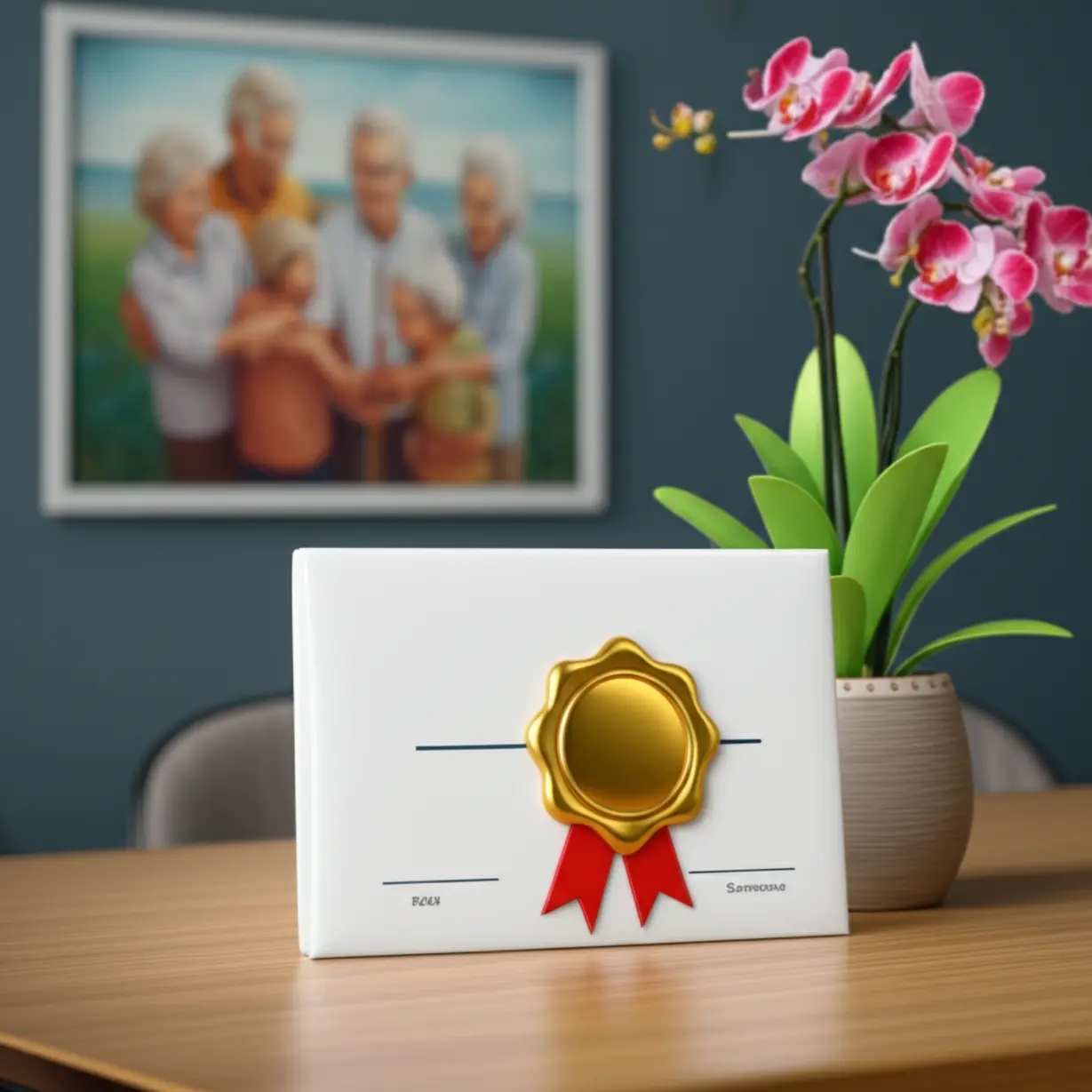 황금색-인장이-찍힌-자격증이-놓인-현대적인-나무-책상,-옆에는-꽃과-평화로운-풍경화가-있으며,-배경에는-행복하게-교류하는-노인들의-모습이-흐릿하게-보이는-3D-이미지