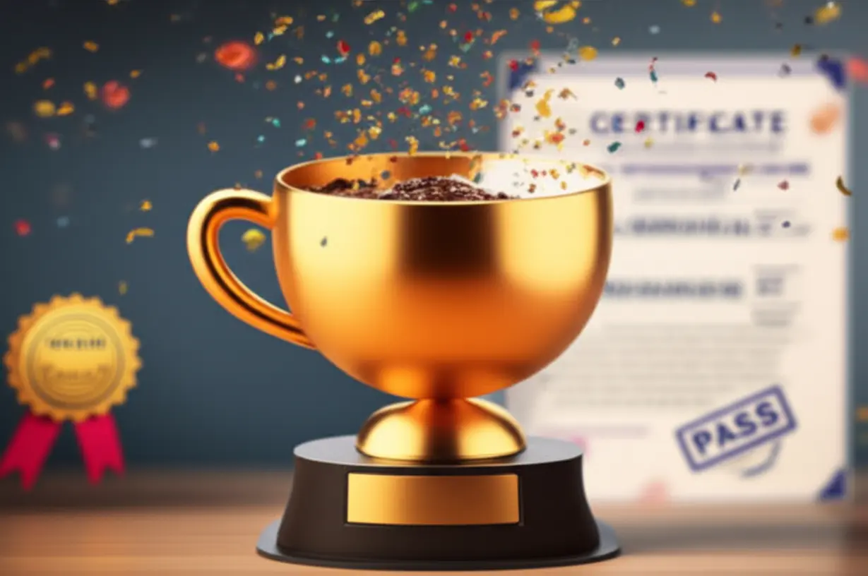 Golden-coffee-cup-trophy-with-confetti,-symbolizing-Barista-Level-2-exam-success.