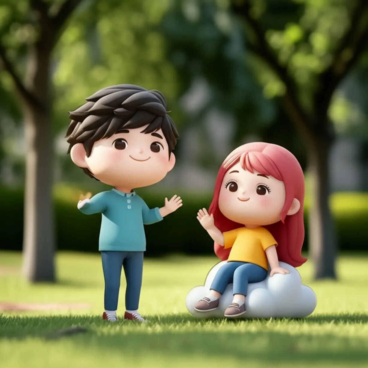 A-3D-cartoon-character-waving-goodbye-and-another-relaxing,-illustrating-the-