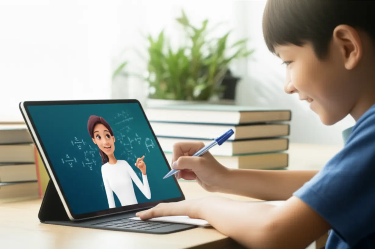A-student-engaged-in-a-1:1-online-math-class,-interacting-with-a-virtual-teacher.