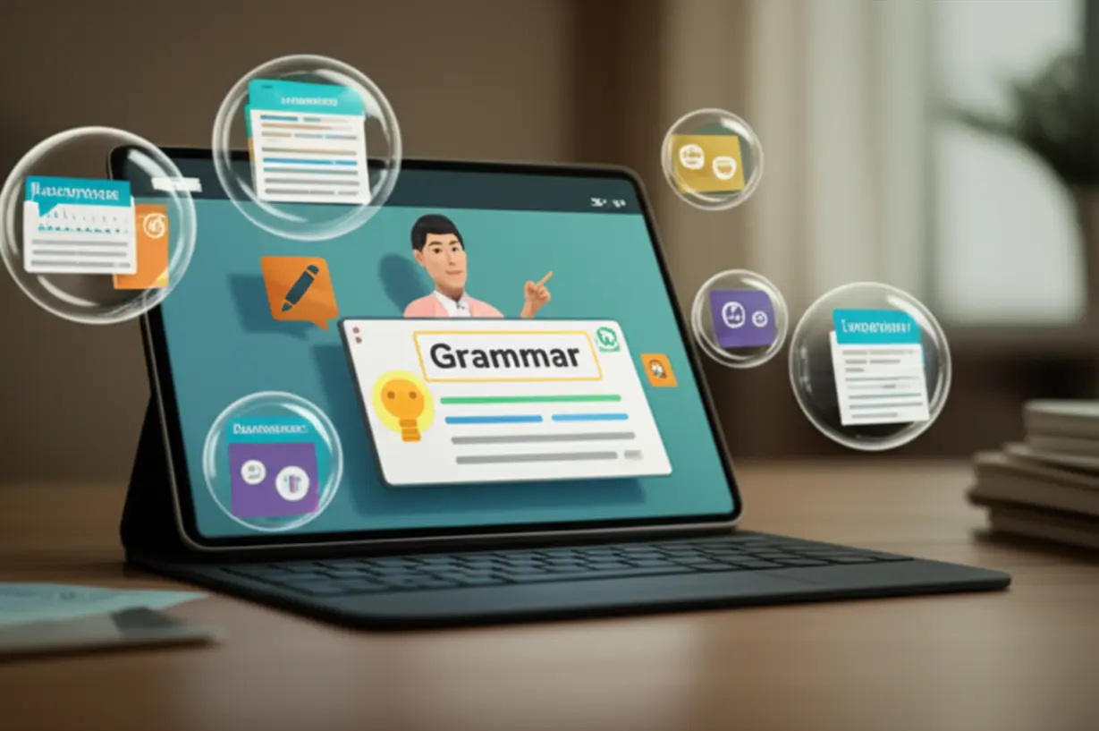 태블릿-화면에-인터랙티브-영어-문법-수업이-표시되어-있으며,-가상-튜터-아바타가-문법-규칙을-가리키고-있다.-태블릿-주변에는-맞춤형-문제와-실시간-피드백을-나타내는-디지털-거품들이-떠다니고,-배경은-아늑한-집-공부방이다.