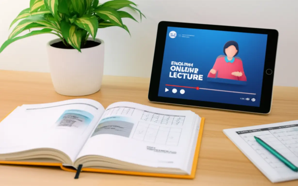 A-3D-illustration-of-a-neatly-arranged-study-area,-highlighting-a-structured-English-learning-workbook,-a-tablet-with-a-lesson,-and-a-consistent-study-schedule.