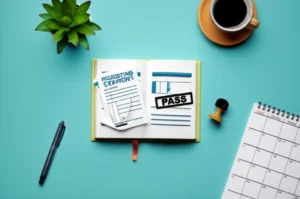 A-cute-3D-image-showing-an-open-textbook-and-a-study-planner-for-a-financial-accounting-certification,-with-a-'PASS'-stamp.