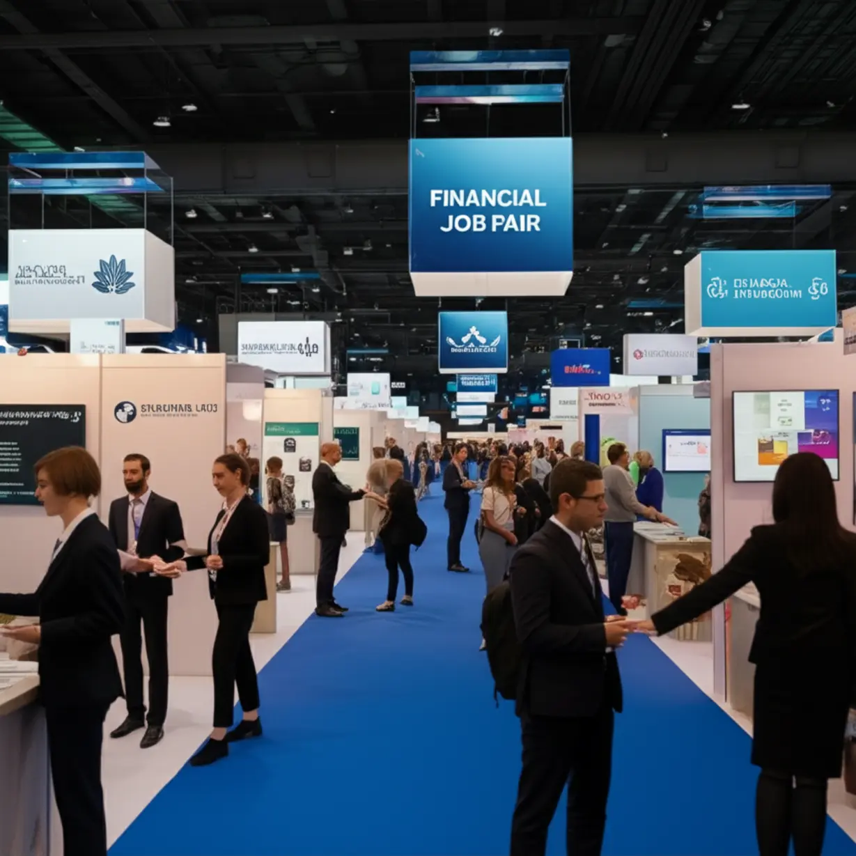 Stylized-3D-rendering-of-a-lively-financial-job-fair-with-diverse-participants-and-informational-booths.