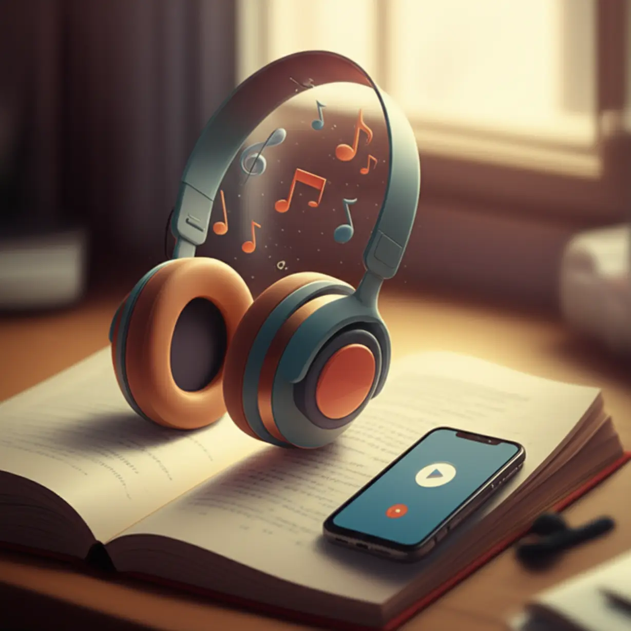 Headphones-on-a-textbook-with-musical-notes-and-a-smartphone,-for-listening-practice.