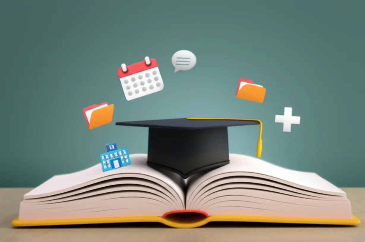 An-open-book-with-a-graduation-cap-and-healthcare-icons,-symbolizing-the-start-of-certification-learning.