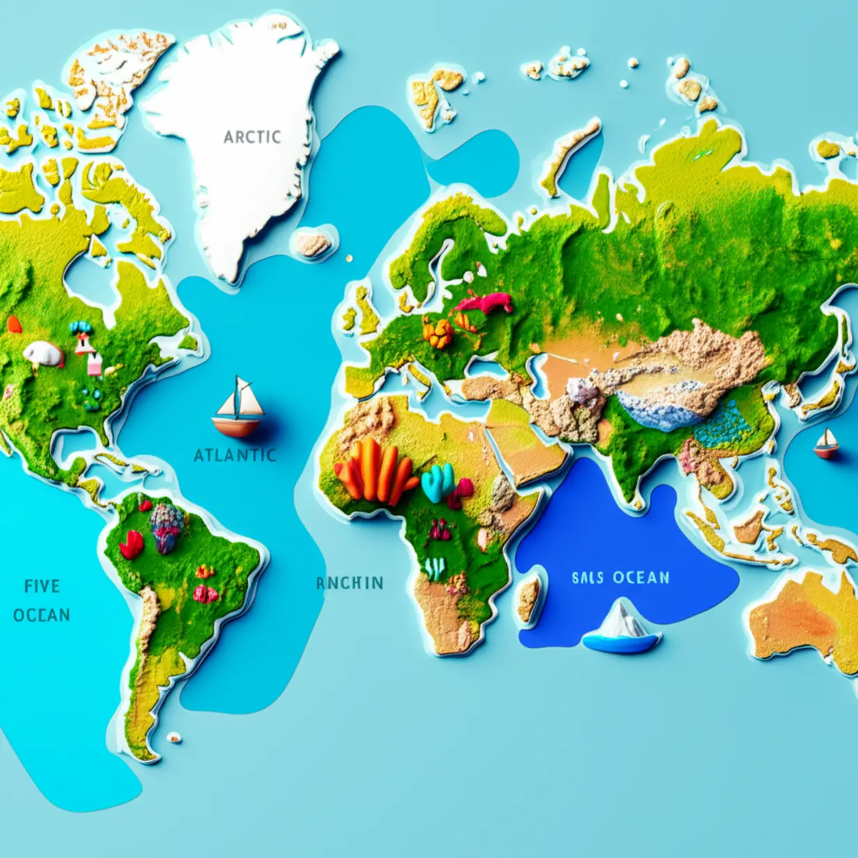 A-cute-3D-image-of-a-world-map-highlighting-the-five-oceans,-with-icons-representing-their-characteristics.