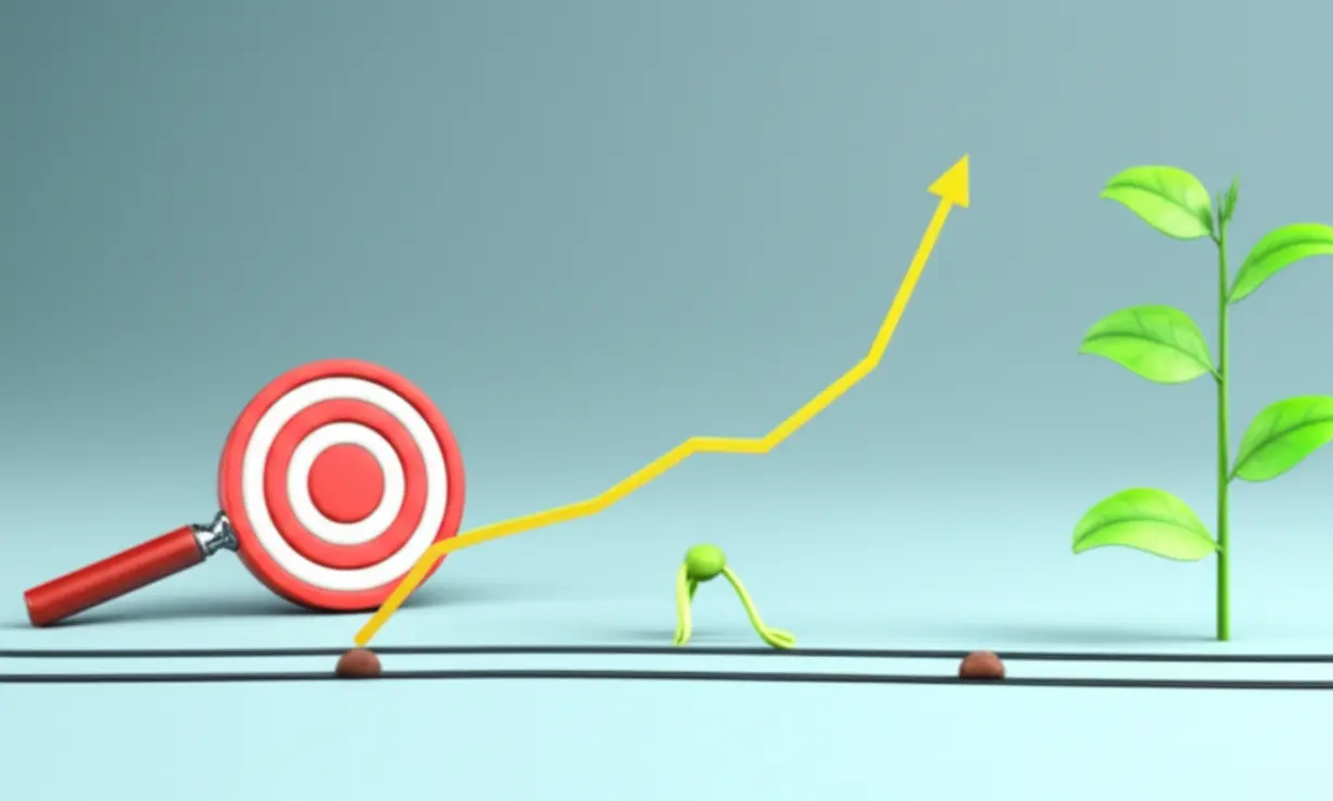 A-cute-3D-image-showing-a-magnifying-glass-focusing-on-a-target,-a-plant-with-an-exponential-growth-curve,-and-two-parallel-paths,-illustrating-