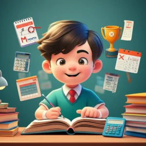 A-3D-illustration-of-a-student-intensely-studying-accounting-books-and-software-for-the-Jeonsan-Semu-Level-2-exam,-with-a-calendar-highlighting-one-month-and-symbols-of-success.