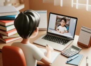 A-cute-3D-rendering-of-a-person-diligently-studying-for-an-accounting-certification-at-a-desk,-with-online-lectures-and-textbooks.