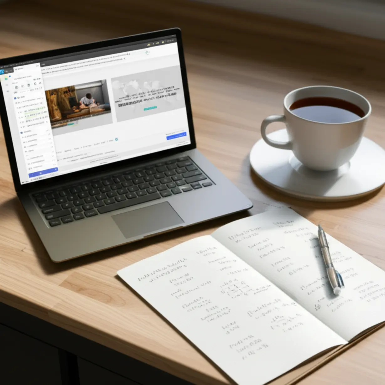 A-cozy-study-area-with-a-laptop-showing-an-online-lecture,-a-notebook-with-financial-notes,-and-a-cup-of-tea,-indicating-diligent-study.