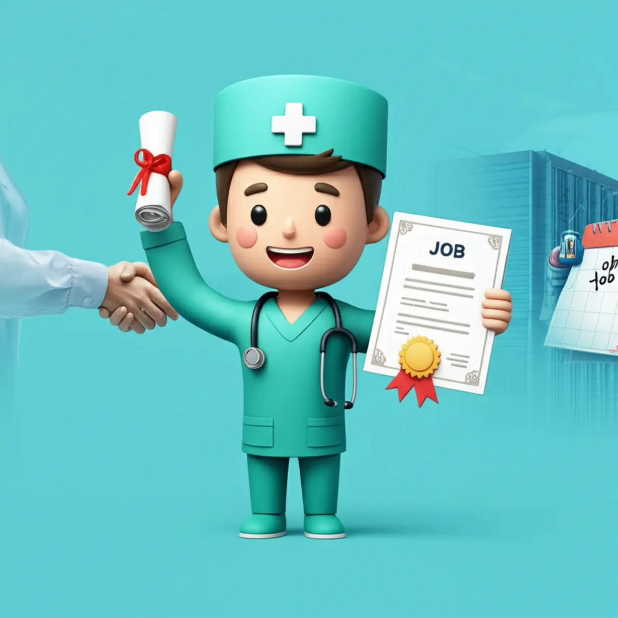 A-cheerful-icon-holding-a-certificate-with-career-success-elements-in-the-background,-symbolizing-job-placement.
