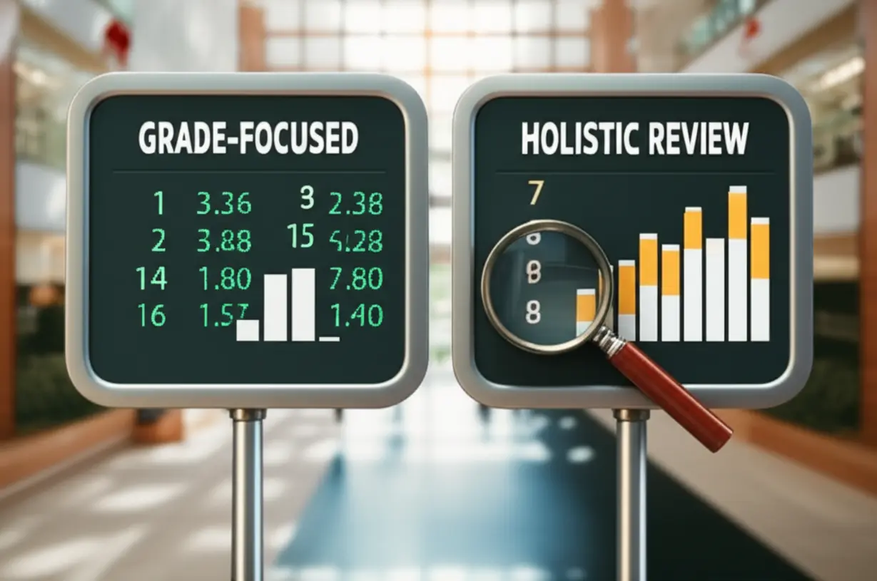 A-cute-3D-illustration-comparing-two-university-admission-scoreboards,-one-for-grade-focused-and-one-for-holistic-review,-showing-different-grade-distributions.