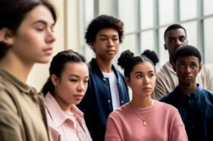 다양한-Z세대-젊은이들이-무표정으로-서로를-응시하는-모습