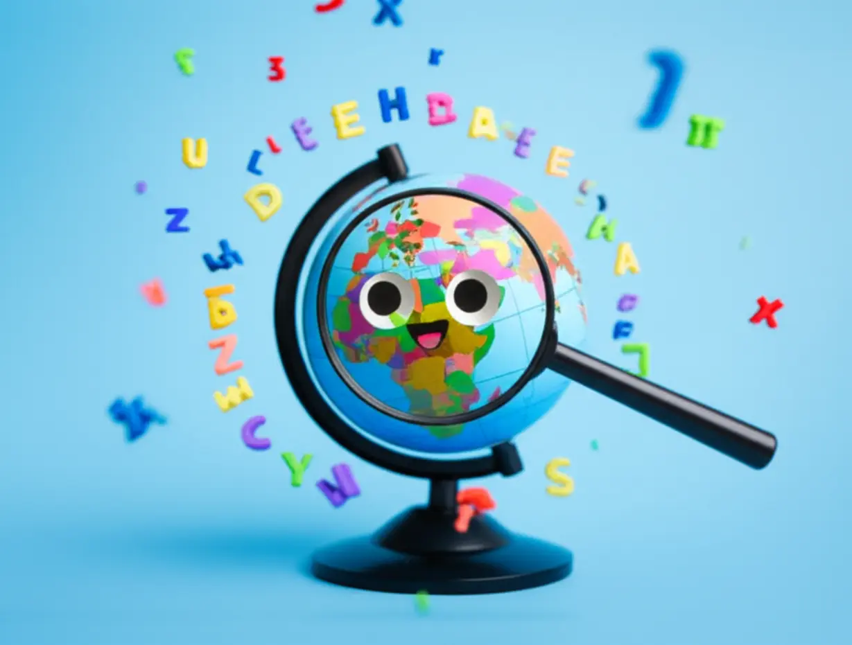 영어가-표시된-지구본과-돋보기가-있는-귀여운-3D-이미지