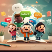 A-vibrant-3D-illustration-showing-diverse-animated-characters-learning-English-through-phone-calls,-with-elements-of-global-connection-and-knowledge.