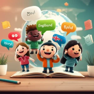 A-vibrant-3D-illustration-showing-diverse-animated-characters-learning-English-through-phone-calls,-with-elements-of-global-connection-and-knowledge.