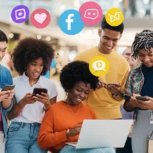 A-diverse-group-of-students-working-together-on-a-global-supporter-program,-surrounded-by-digital-marketing-elements-and-retail-icons.