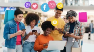 A-diverse-group-of-students-working-together-on-a-global-supporter-program,-surrounded-by-digital-marketing-elements-and-retail-icons.