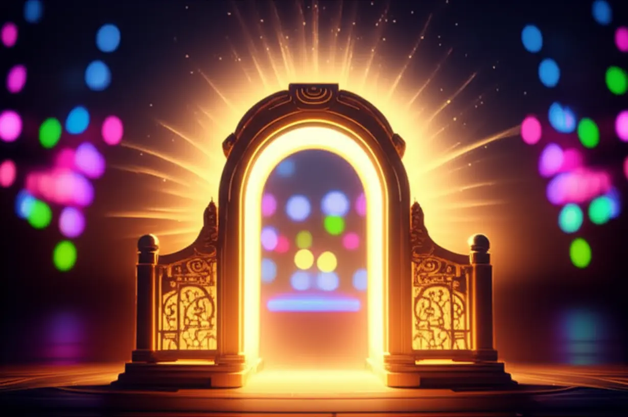 A-cute-3D-illustration-of-a-large,-golden,-and-brightly-glowing-archway,-symbolizing-the-Honmoon,-with-mystical-energy.-A-blurred-K-Pop-stage-is-in-the-background,-suggesting-its-protective-function.