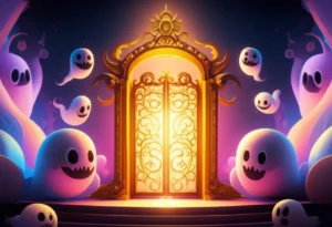 A-cute-3D-illustration-of-a-golden,-glowing-spiritual-gate-called-Honmoon,-acting-as-a-protective-barrier-around-a-colorful-K-Pop-stage.-Wisps-of-abstract,-friendly-looking-demons,-some-representing-inner-struggles,-are-visible-outside-the-barrier,-in-a-magical-and-hopeful-setting.