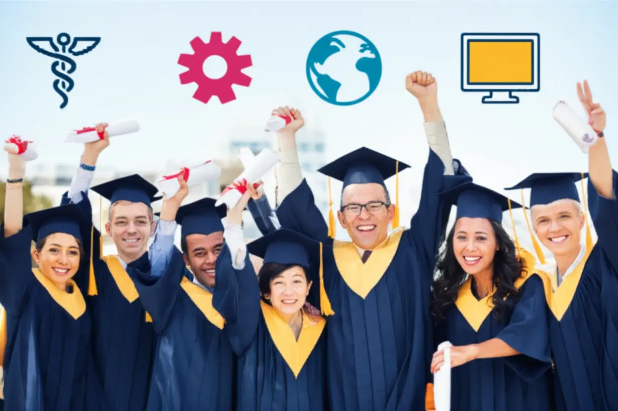 A-cute-3D-image-of-happy-graduates,-depicted-as-charming-3D-characters,-celebrating-their-achievement-with-subtle-symbols-of-diverse-career-paths-in-the-background,-representing-high-employment-rates-and-bright-futures.