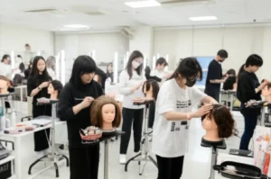 A-vibrant-3D-rendering-of-a-modern-beauty-academy-in-Gwangju,-showing-students-engaged-in-practical-lessons-with-advanced-equipment,-symbolizing-career-success-in-beauty.