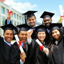 A-diverse-group-of-joyful-graduates-holding-diplomas-in-front-of-a-university,-symbolizing-academic-achievement-and-future-success.