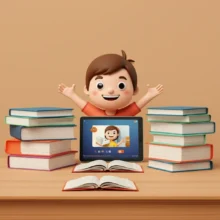 A-3D-illustration-of-an-individual-joyfully-studying-English-independently-at-home,-with-an-organized-study-space.
