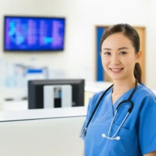 A-friendly-hospital-coordinator-in-a-modern-reception-area,-symbolizing-efficient-service-and-patient-care.