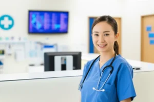A-friendly-hospital-coordinator-in-a-modern-reception-area,-symbolizing-efficient-service-and-patient-care.