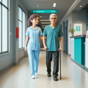 A-cheerful-3D-illustration-of-a-professional-hospital-escort-manager-helping-an-elderly-person-navigate-a-hospital-corridor,-symbolizing-care-and-support-services.