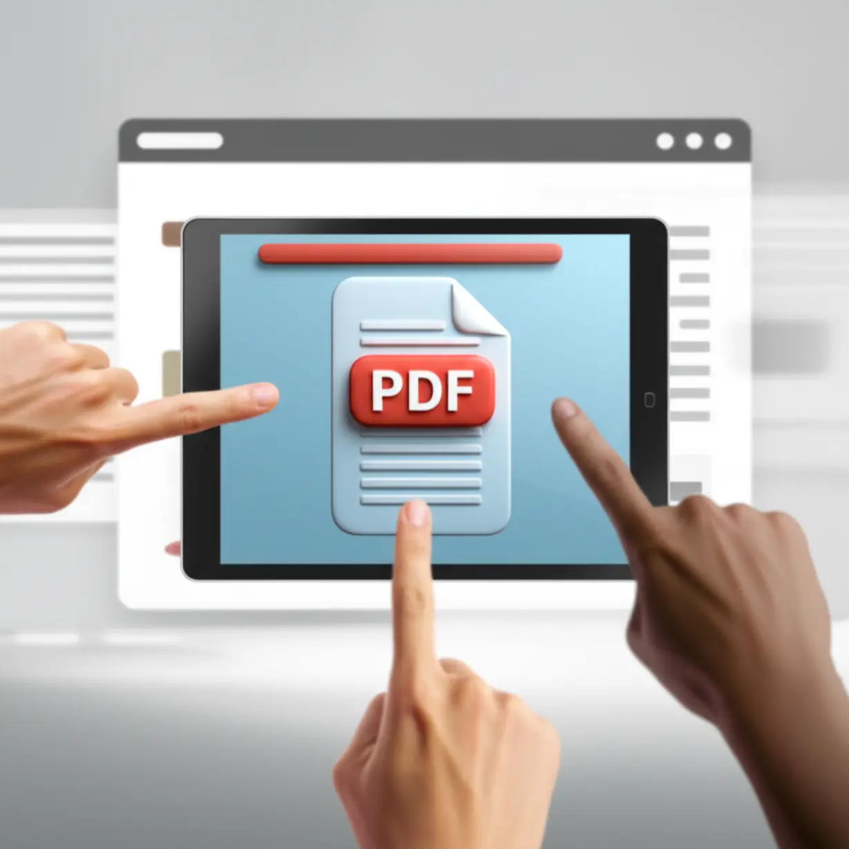 A-tablet-screen-showing-a-PDF-download-icon,-with-hands-pointing,-for-answer-keys.