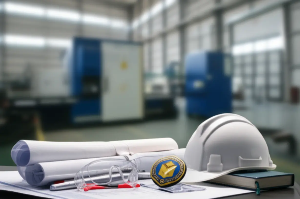 Various-safety-tools-and-a-certification-badge-on-a-desk,-representing-the-value-and-eligibility-for-the-Industrial-Safety-Engineer-certification.