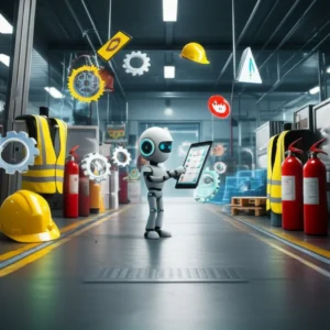 A-friendly-robot-reviewing-a-safety-checklist-on-a-modern-factory-floor,-surrounded-by-safety-equipment-and-symbols,-representing-industrial-safety-management.