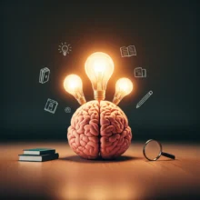 A-3D-illustration-of-a-stylized-brain-with-gears-and-lightbulbs,-surrounded-by-educational-symbols-like-books-and-pencils,-representing-comprehensive-learning-analysis.