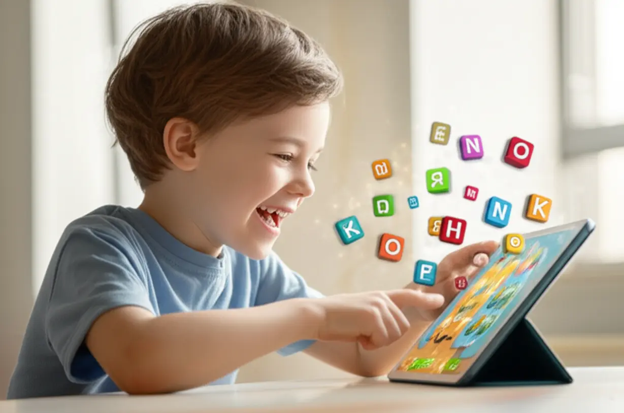 Child-playing-an-interactive-English-game-on-a-tablet