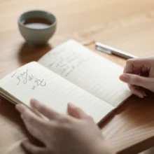 따뜻한-분위기에서-일본어-필사를-하는-손과-필사-노트,-펜,-차가-있는-모습