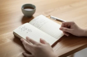 따뜻한-분위기에서-일본어-필사를-하는-손과-필사-노트,-펜,-차가-있는-모습