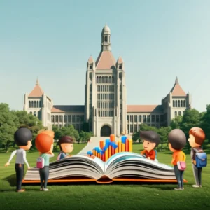 A-3D-illustration-of-a-university-campus-with-an-open-book-showing-admission-data,-symbolizing-the-2026-Kyung-Hee-University-rolling-admission-guide.