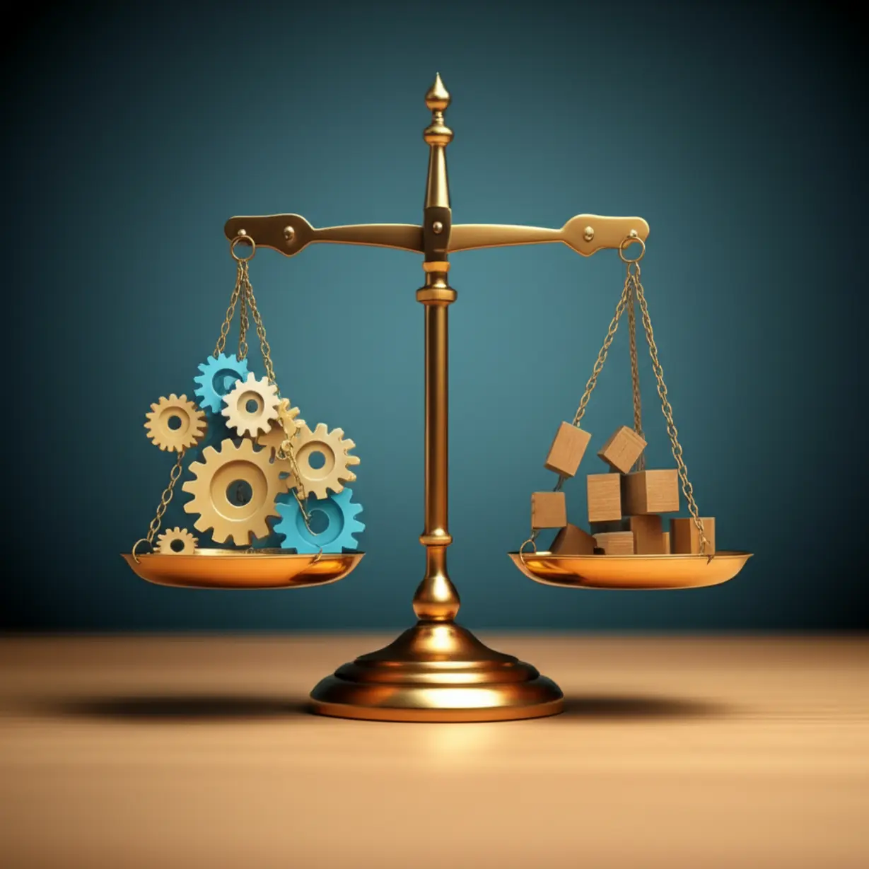 A-3D-illustration-of-a-balanced-scale,-with-one-side-showing-positive-effects-(smooth-gears)-and-the-other-showing-potential-negative-side-effects-(disjointed-blocks)-of-a-law.