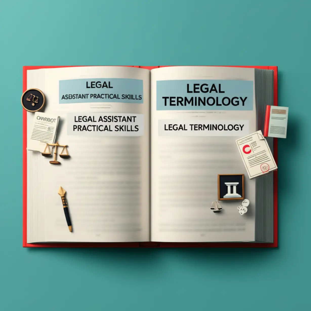 A-3D-image-of-a-textbook-with-sections-for-practical-skills-and-legal-terminology,-surrounded-by-legal-icons.
