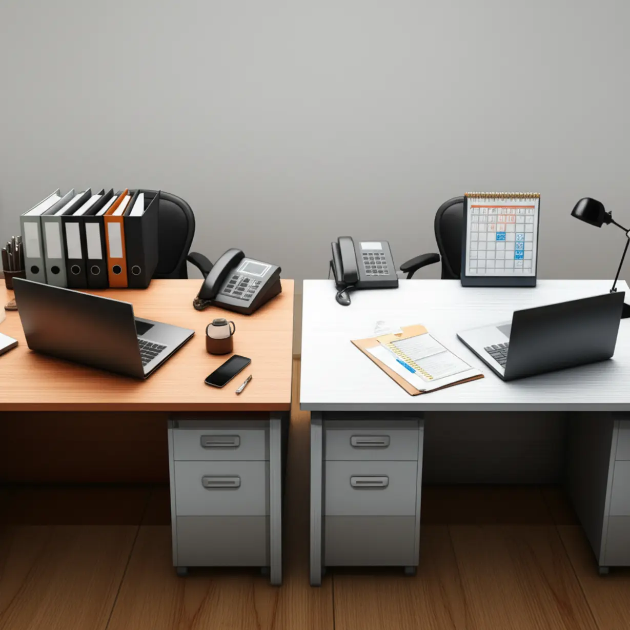 Two-3D-stylized-desks-illustrating-the-different-responsibilities-of-Level-1-and-Level-2-legal-assistants.